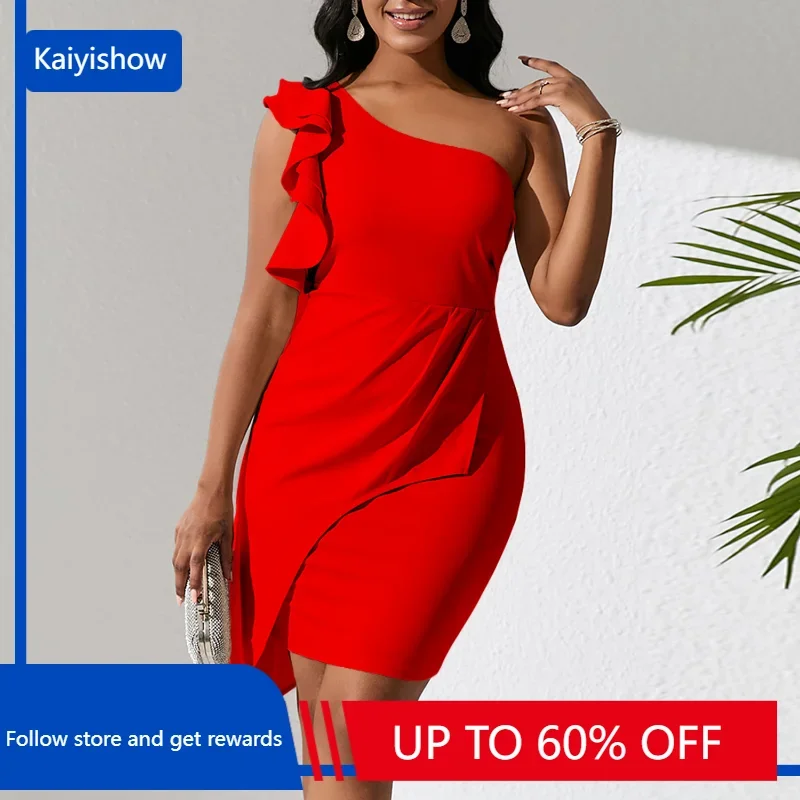 Women Summer Elegant Ruffle, One Shoulder Asymmetrical Mini Dress, Solid Pleated Zipper ,Party Club Cocktail Bodycon Dress