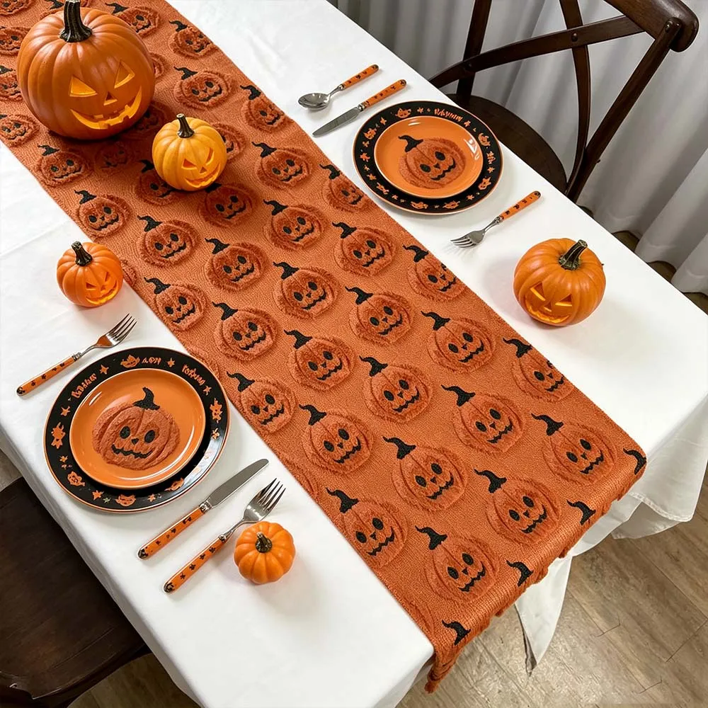 Mode Caramel Soft Faux Fur Fall Table Runner Seasonal Kitchen for Home Party Decor Autumn Thanksgiving Embroidered Pumpkins 3D