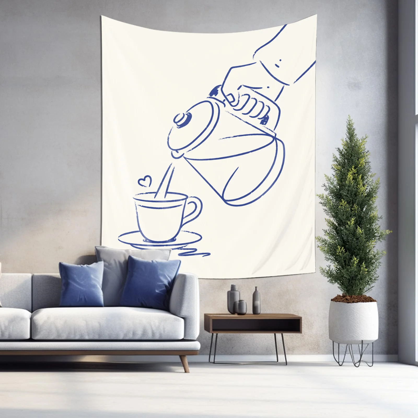 Hand Pouring Coffee From Kettle Into Cup Wall Tapestry Machine Washable All Season Decor Print Minimalist Line Art Design Home