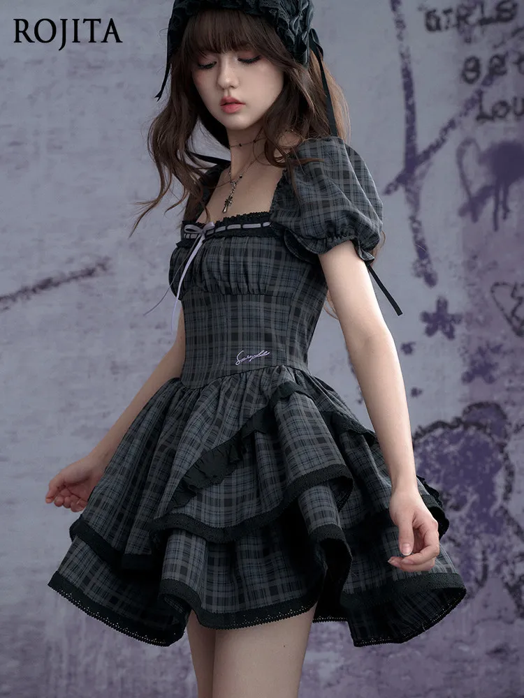 

Kawaii Black Grey Plaid Lolita Dress 2026 New Bubble Sleeve Doll Cake Dress Y2K Punk Gothic Square Neck Cute Short Dress