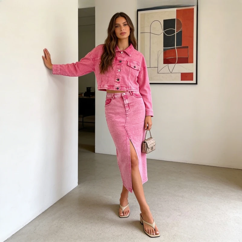 Denim Skirt Suit Women Jacket Sheath Skirts 2 Piece Sets Streetwear Coat Single Breasted Outfits Vintage Washed Spring Ensemble