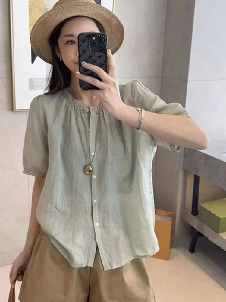 

Ele Single-Button Design ort-Sve Pure Color irt Women's Top Korean Sle Commute Straight Tube Pure Color irt