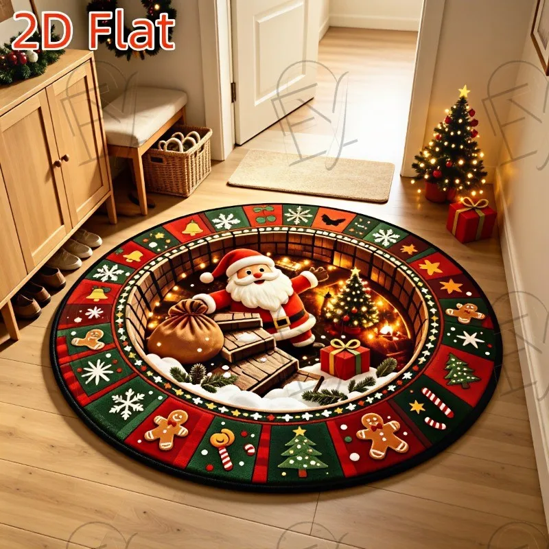 Classic Santa Claus Round Rug Christmas Fireplace Teddy Bear Circular Carpet Living Room Toy Train Bedroom