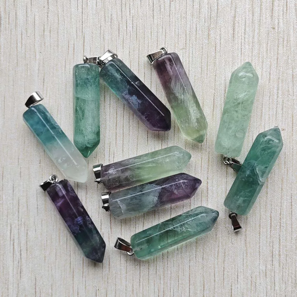 Beautiful Natural Fluorite Stone Good Quality Pillar Charm Pendants for Jewelry Accessories Making Free Shipping Wholesale 10pcs