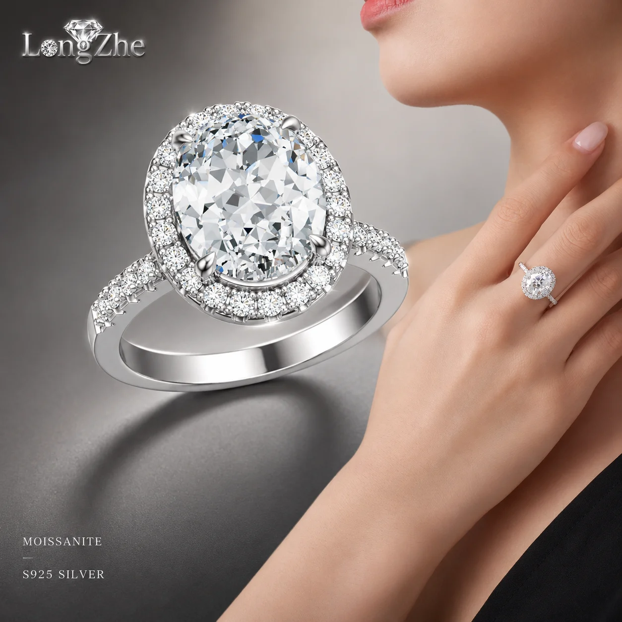 LongZhe Moissanite Ring S925 Sterling Silver Oval Cut 8x10mm Halo Ring 34 Stones Statement Daily Party Jewelry Gift for Women