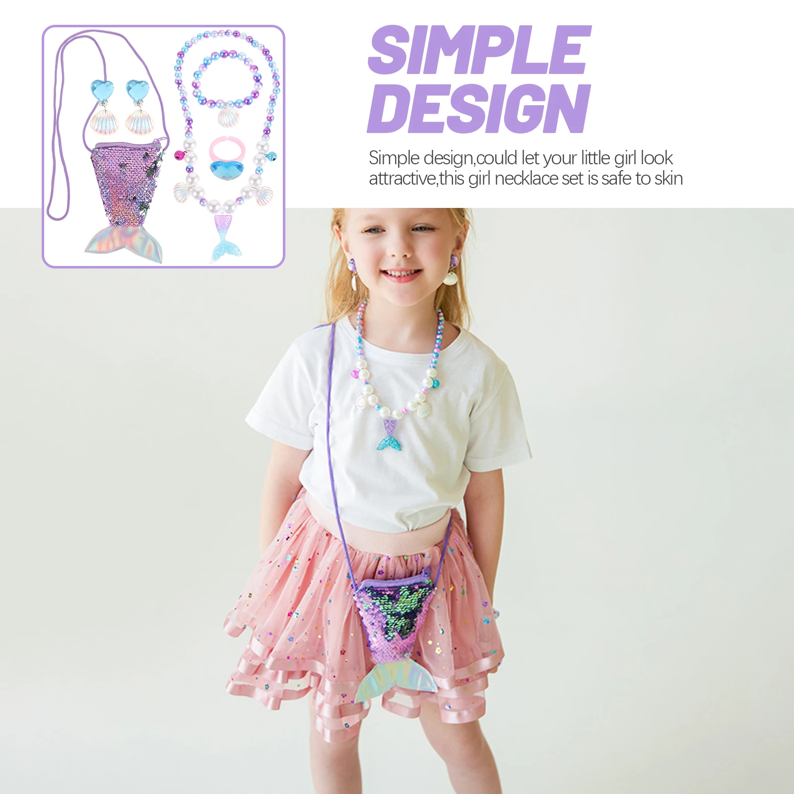 

1 set Purple Mermaid Jewelry Set Beaded Necklace Bracelet Earrings Seashell Kids Girls Gifts Party Accessories Plastic