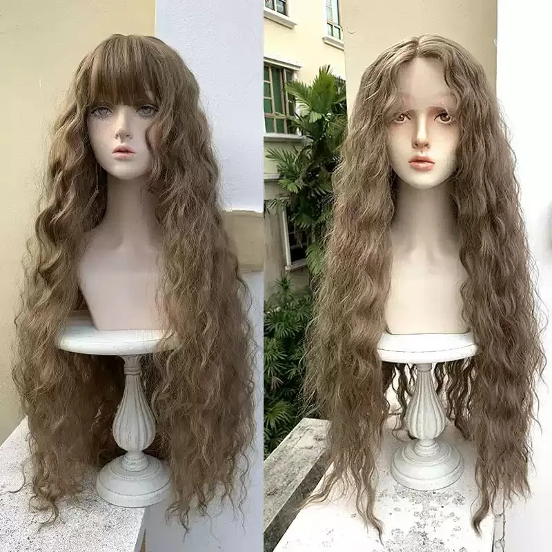 T Lace Long Curly Wig for Women, Ash Brown Green Color Princess Wig with Bangs, Face Framing Natural Full Head Synthetic Wig