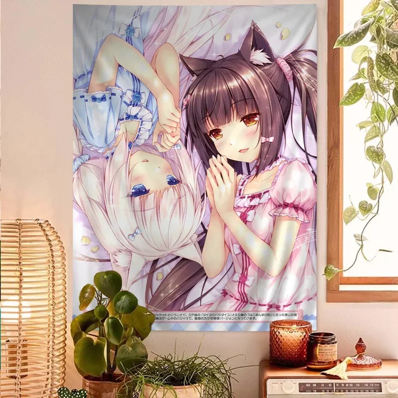 VIKAMA Kawaii Cat Ear Girls Tapestry Nekomimi Twins Pink Blue Pastel Anime Manga Wall Hanging Otaku Bedroom Dorm Decor Poster
