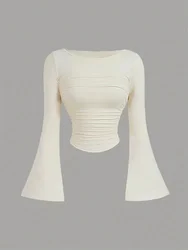 Casual Flare Long Sleeve Round Neck Ruched T-shirt for Women Spring Autumn Winter Elegant Solid Pleated Slim fit Blouse Tshirt