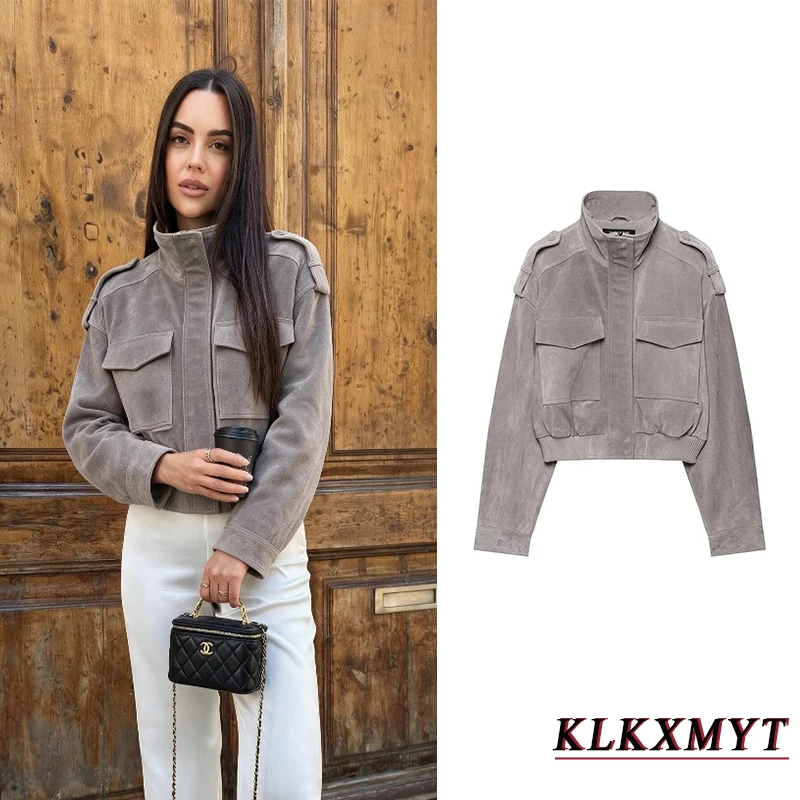 Damen Herbst-Winter Mode Graue Wildlederjacken Elegante Langarm Stehkragen Reißverschluss Mantel Freizeit Bürojacken