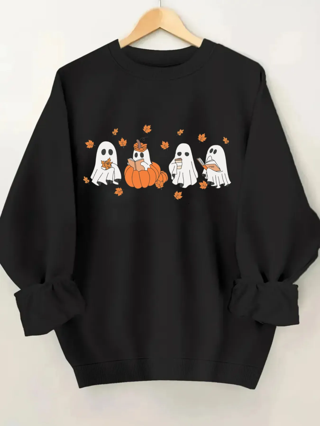 Women's Crewneck Pullover Sweatshirt Cute Ghost Pumpkin Design, Soft Casual Long Sleeve, Daily Casual Top Outfit, Winter Women's Clothing, Halloween Costume Outfit