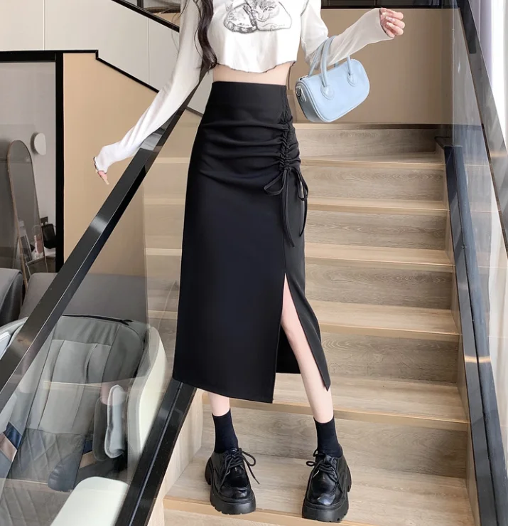 Y2K Skirt High Waisted Versatile Drawstring Pleated Suit Long A-Line Skirt Loose Fit Slimming Temperament Women's Half Skirt