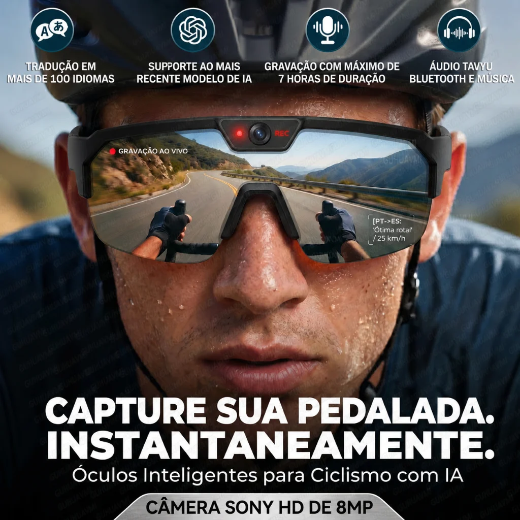 Novos Óculos Inteligentes de Esportes com IA 2026 para Gravação e Câmera de 800W HD, Antichoque, para Ciclismo e Gravação, Óculos à Prova de Vento