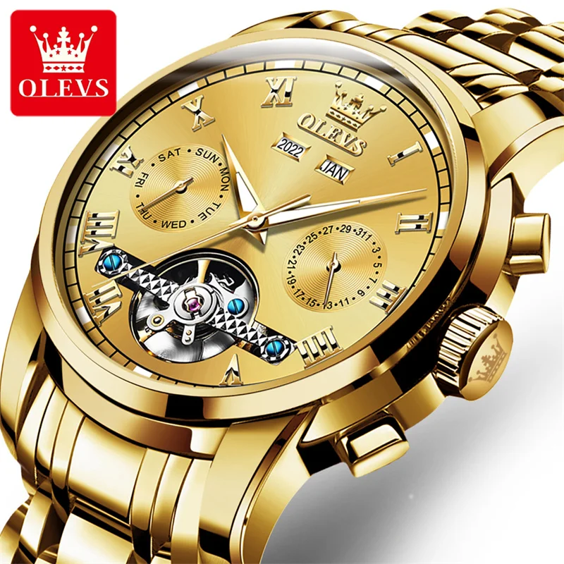 OLEVS Men Watch Top Brand Mens Mechanical Watches Automatic Tourbillon Skeleton Watch Men Calendar Relogio Masculino Dropship