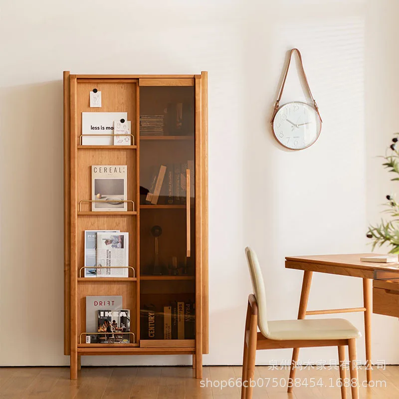 

Японский книжный шкаф из массива дерева с раздвижными стеклянными дверями, витрина в скандинавском стиле для гостиной, из вишневого дерева
