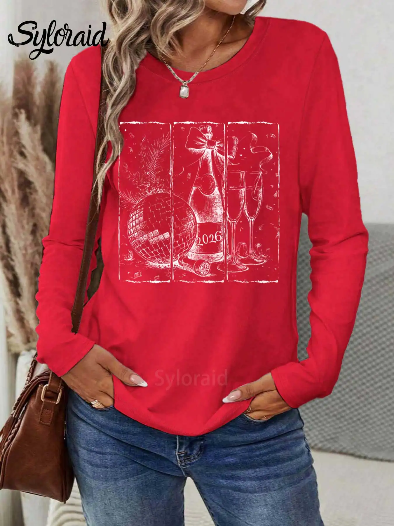 여성용 긴 소매 티셔츠 새해 2026 디스코 볼 프린트 티셔츠 패션 라운드 넥 캐주얼 탑