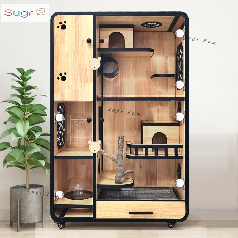 Chinchilla cabinet cage special oversized luxury villa with air conditioning ice nest pet cage rubber solid wood double-layer