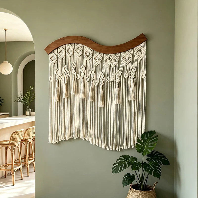 80x68cm Macrame Wall Hanging Tapestry Boho Cotton Woven Tassel Wooden Arch Living Room Bedroom Background Wall Decor