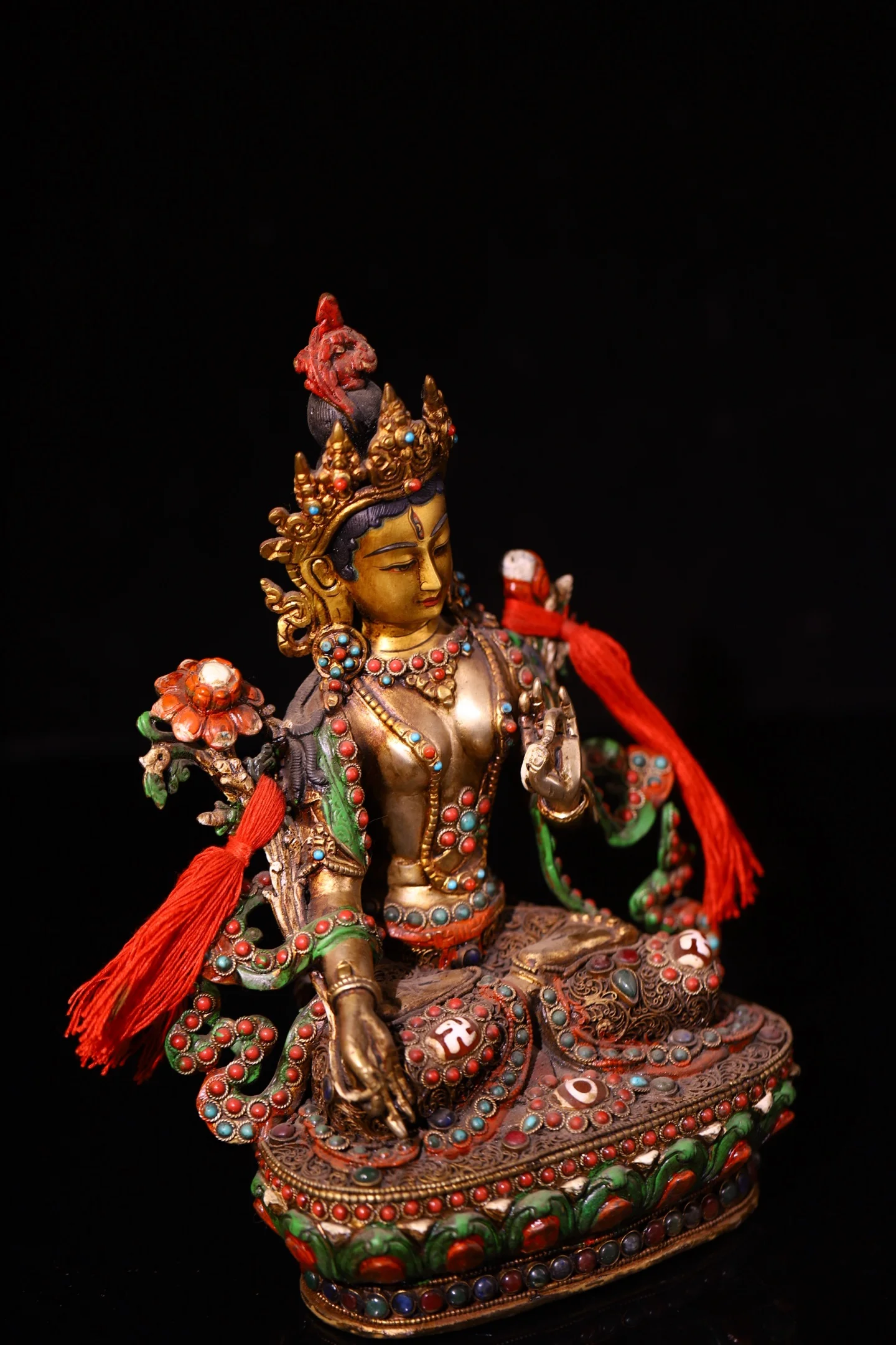 Old Tibetan Silver Gilded Mosaic Gem gZi Beads Painted White Tara Seated Buddha Lotus Terrace Amitabha Buddha