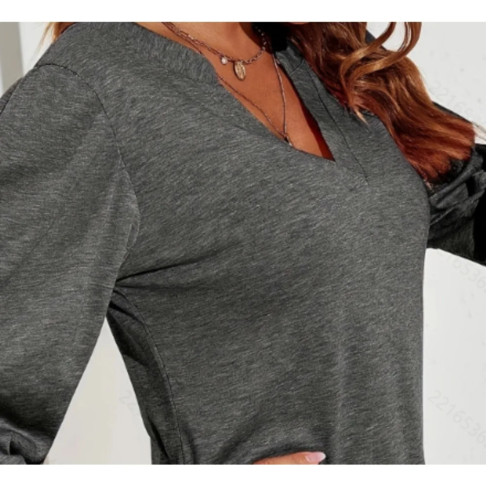 حجم كبير 1XL-5XL المرأة موضة الخامس الرقبة تي شيرت السيدات عادية فضفاض نفخة كم طويل بلايز تونك تي شيرت