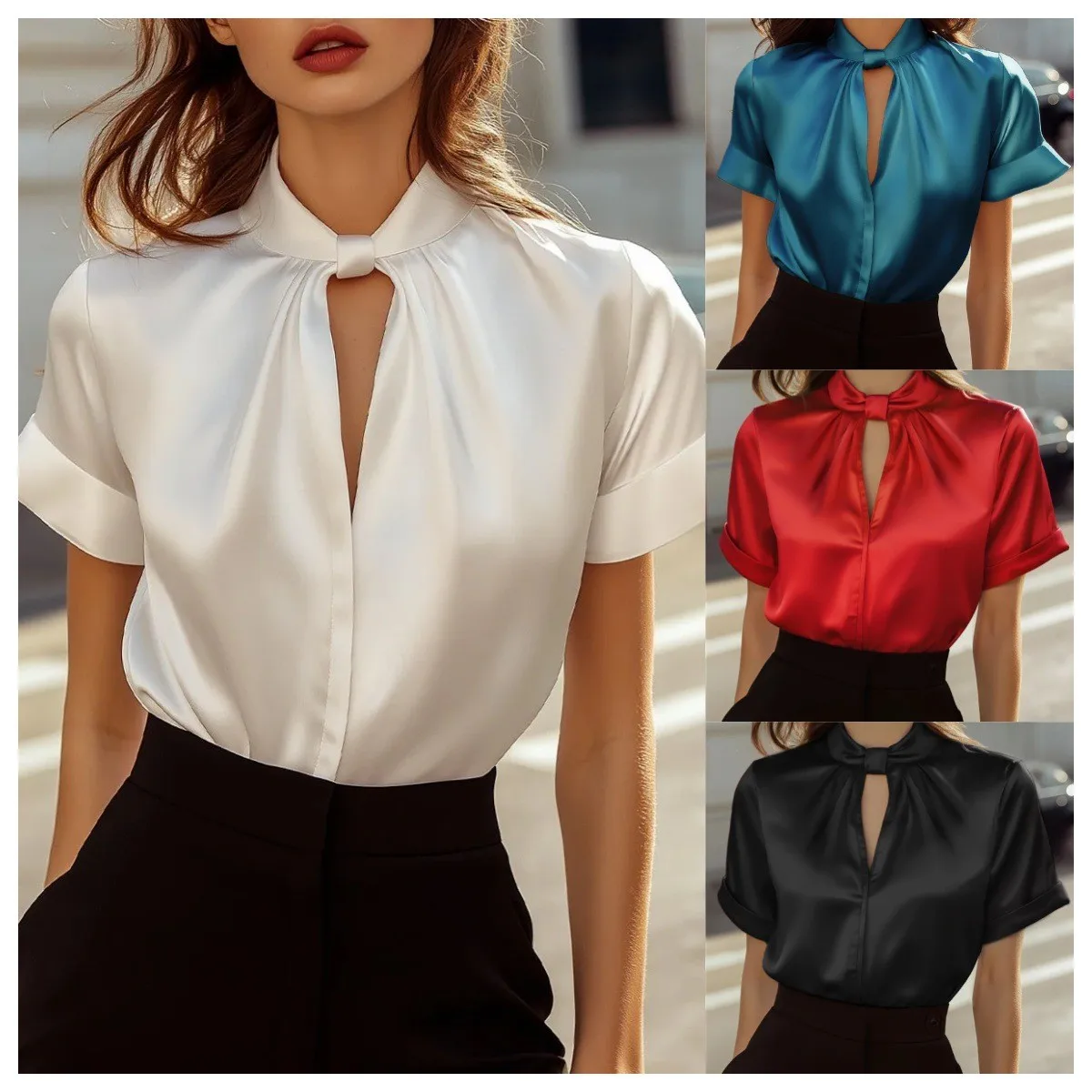 

Summer Women's Clothing Satin Short Sleeve Blouse Elegant Casual Shirt For Woman Regular Fit Polyester Solid Color Top Wear