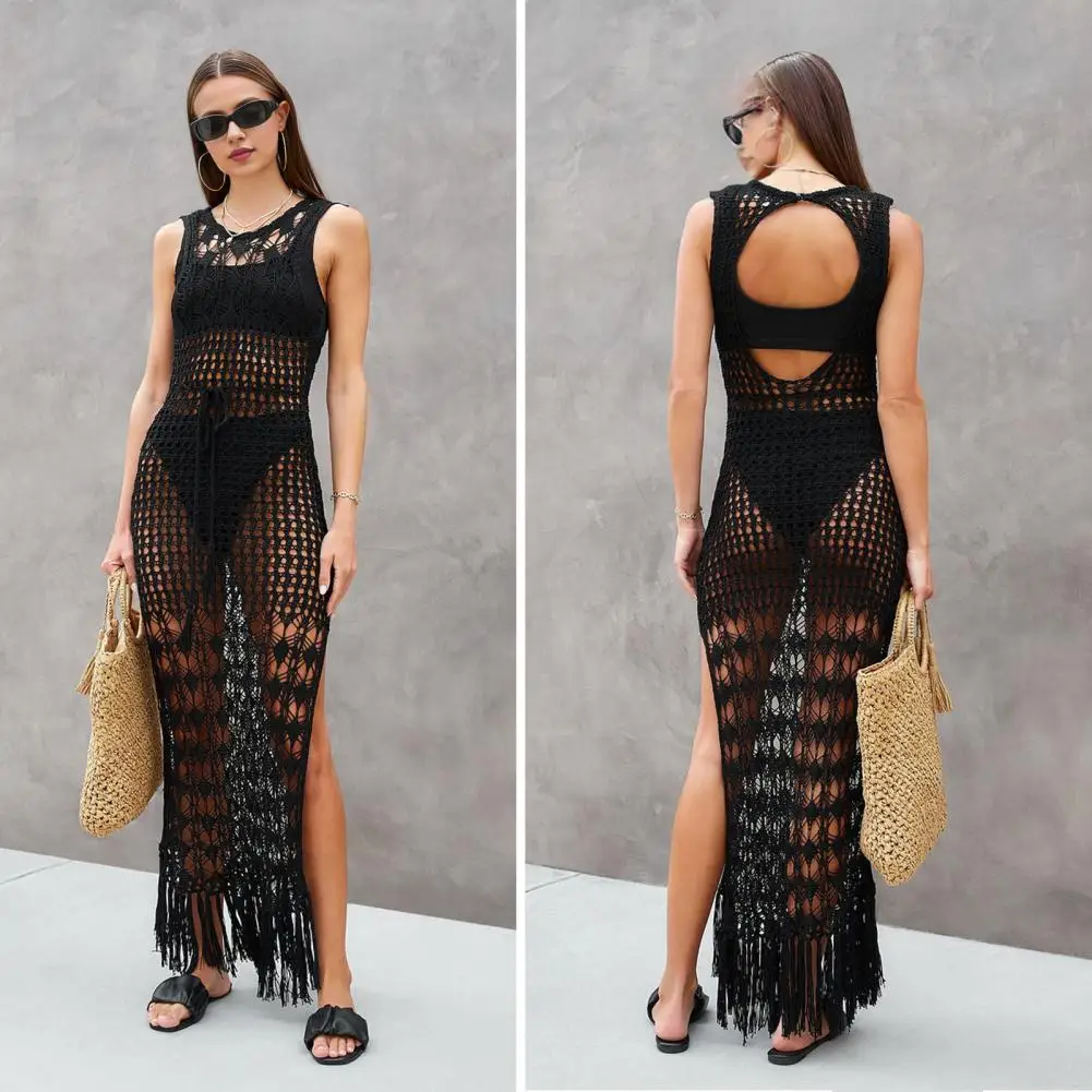 

Hollow Knitted Beach Cover Up Dress Summer O-Neck Sleeveless Back Hollow Fringed See-through Anti-UV Bikini Cover Up