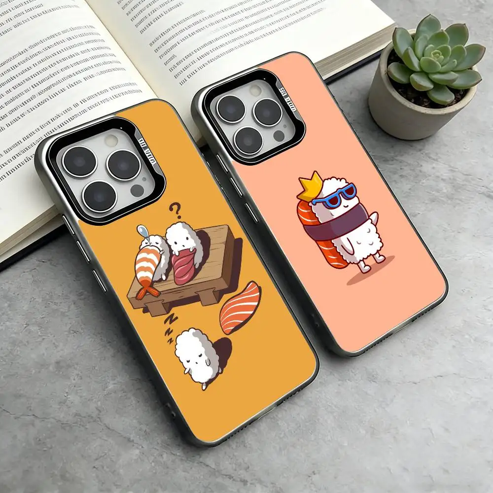 

Cartoon Sushi Phone Case For iPhone 17,16,15,14,13,12,11 Plus,Pro Max,XS,Colored Silver Plated Inside Cover