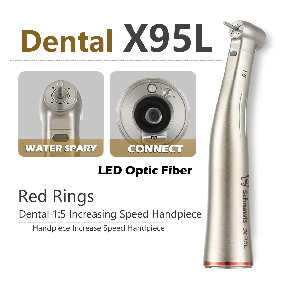 X95L contraangulo Dental 1:5 Increasing Speed Handpiece Against Contra Angle LED Optic Fiber Quattro Spray Red Rings