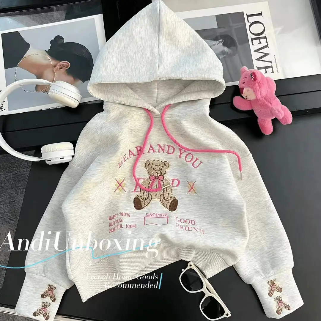 

Girls' Hoodie 2025 New Style Children's Western-style Heavy Industry Embroidery Cartoon Teddy Bear Hooded Baby Jacket