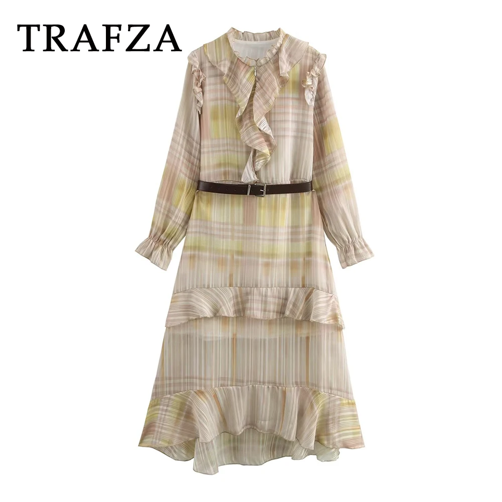 

TRAFZA Vintage Plaid Belt Female Long Dress Casual Holiday Long Sleeve Woman Dress Fashion 2025 Spring Elegant Female Vestidos