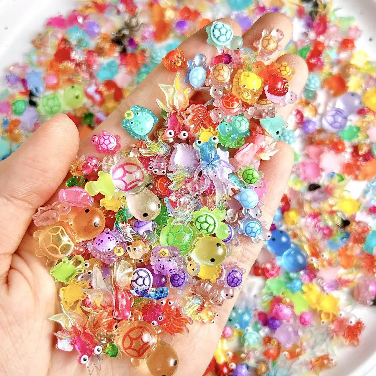 Transparent Colorful Smiling Turtle Nail Art Decorations Kawaii Copper Coins Crab Lucky Carp Resin Nail Charms DIY Clip Nails