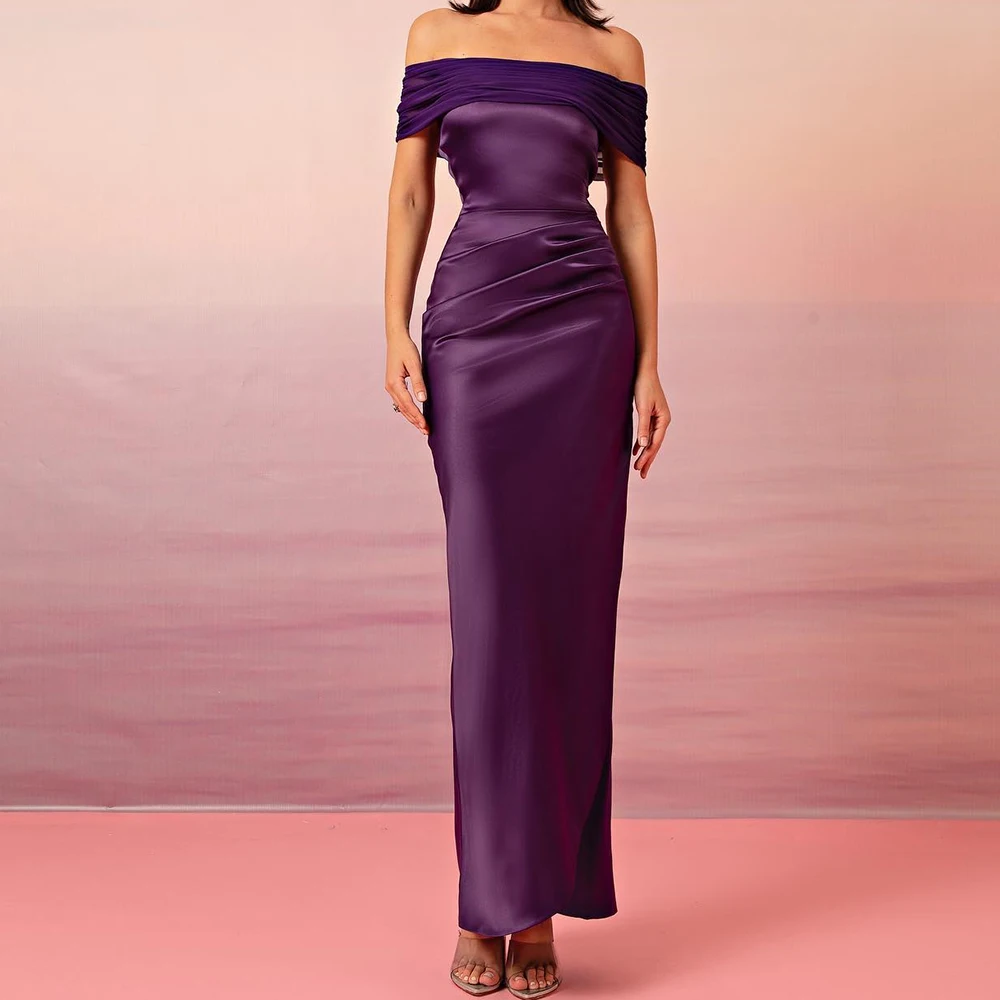 

Customized Modern Satin Straight Off the Shoulder Evening Dress Boat Neck Zipper Back Short Sleeves Bespoke Occasion Gowns