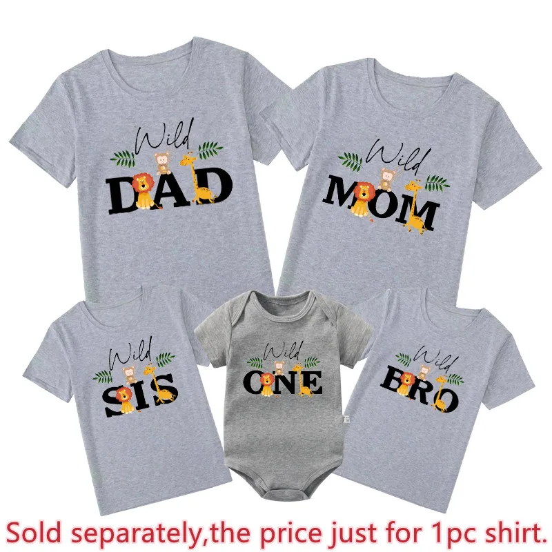 New Wild One Family Matching Outfits Cotton Dad Mom Bro Sis Tees Baby Rompers Funny Jungle Safari Birthday Party Shirts Clothes