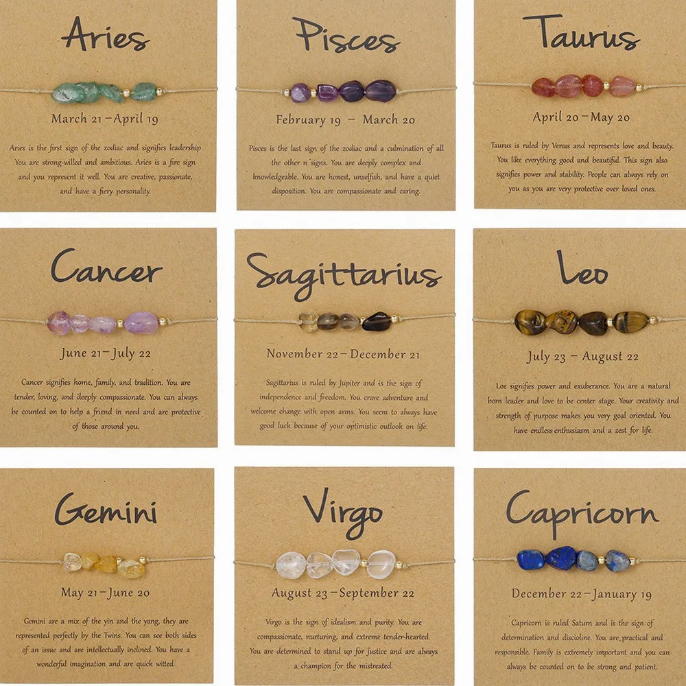 12 Zodiac Signs Natural Stone Bracelet, 4 Irregular Beads, Adjustable Woven Rope, Guardian Protection, Jewelry for Women