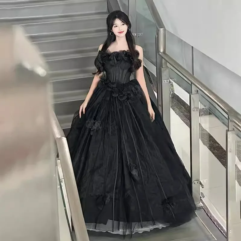 2026 New Women's Fashionable Black Strapless Long Evening Dress Slim Sexy for Birthday Party Student Art Exam Custom Made