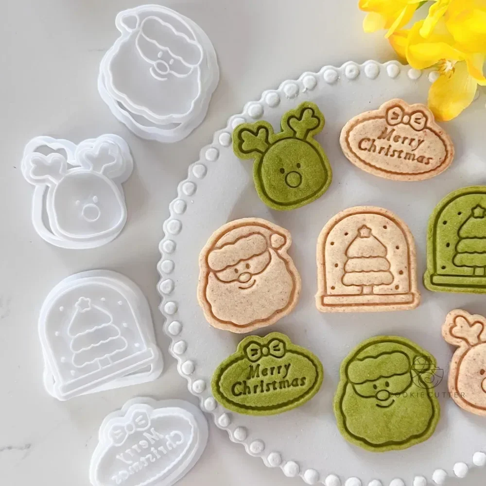 Cute Christmas Cartoon Elk Santa Biscuit Mold Merry Christmas English Blessing Words Cookie Cutter Crystal Ball Tree Baking Tool