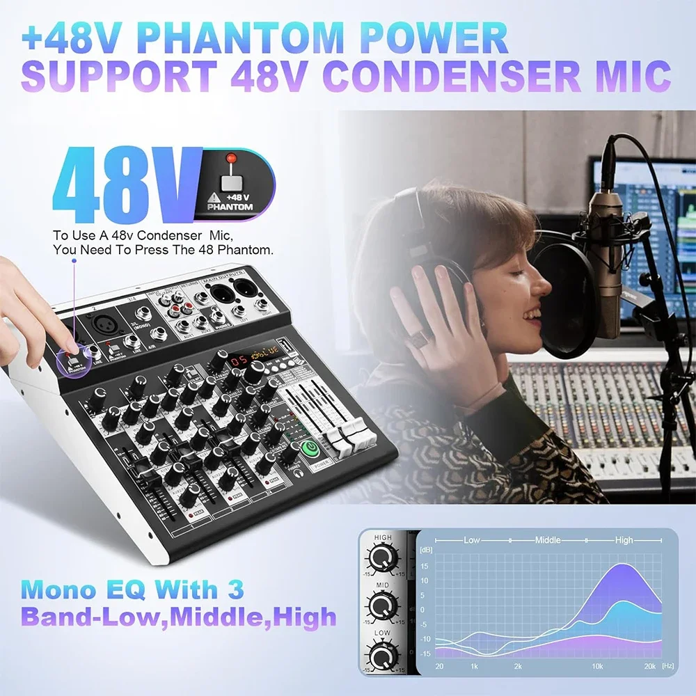 DGNOG KP4 4channel Audio Mixer 16 Bit DSP Effect USB Audio Interface Effect 48V Phantom Bluetooth for Home Studio Recording Live