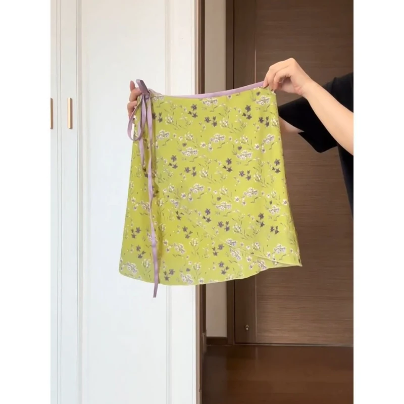 

Green Floral Lace-Up Skirt Women's Summer 2025 Printed A-Line Skirt Mid Skirt