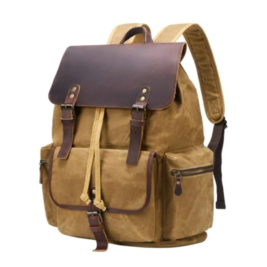 

Vintage Waxed Canvas Backpack Casual Genuine Leather Laptop Rucksack Shoulder DayPack for Travel/Hiking/School