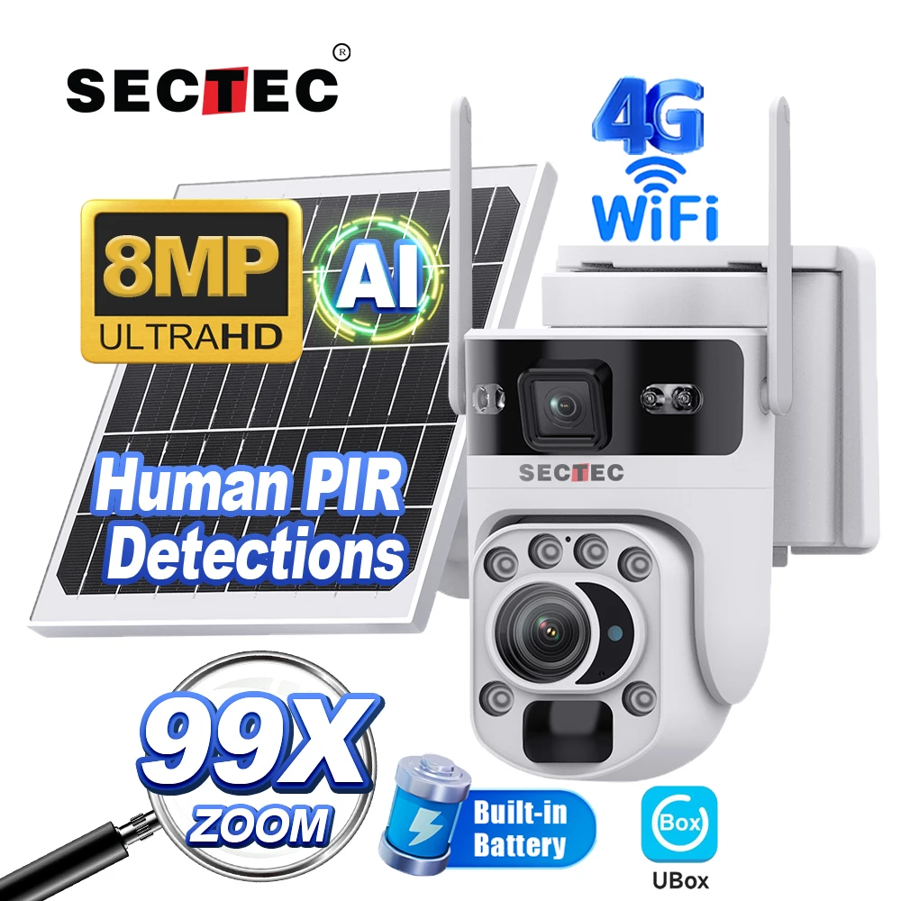 Sectec 8MP 4G/Wifi Optical Zoom Solar Camera Dual Lens 4K 99X Zoom PIR Human Tracking Night Vision Color Security PTZ Camera