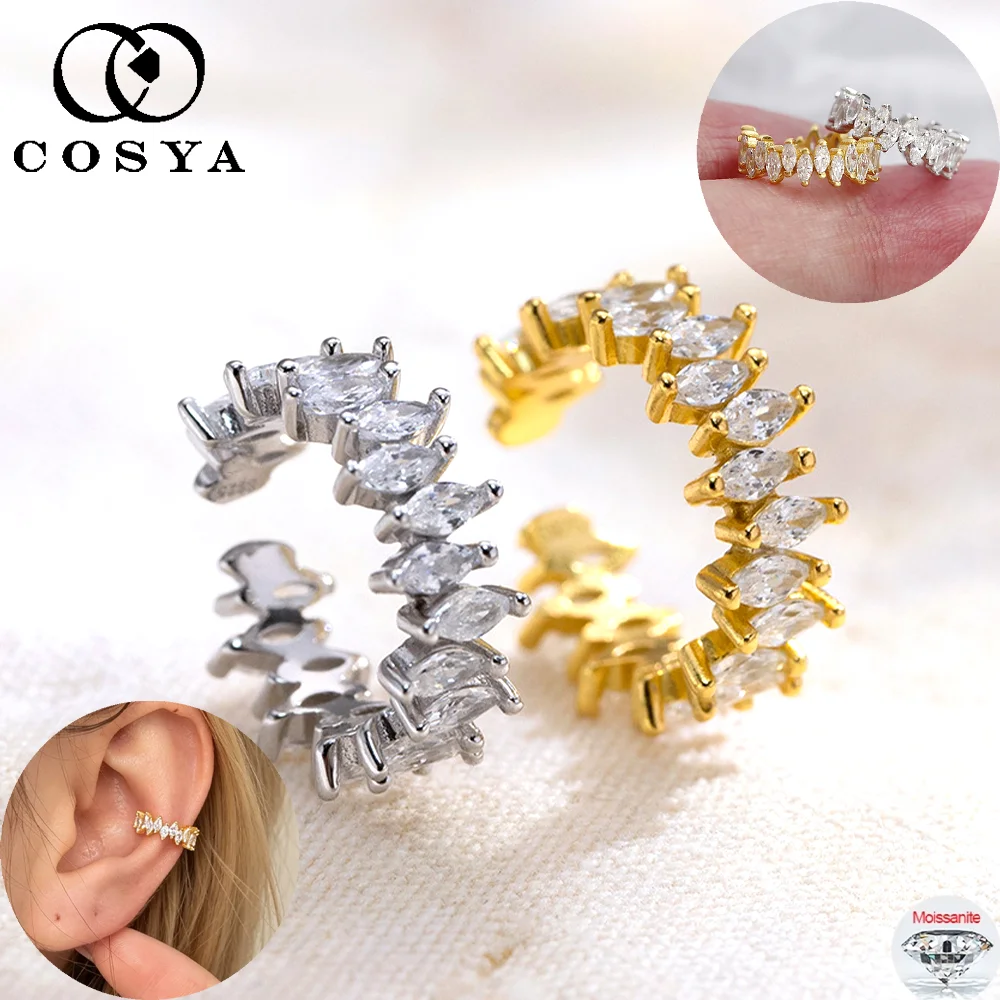 COSYA 1.5x3mm Marquise Cut Full Moissanite Clip Earrings 925 Silver Plated 18K For Women Men Lab Diamond Cuff Party Fine Jewelry