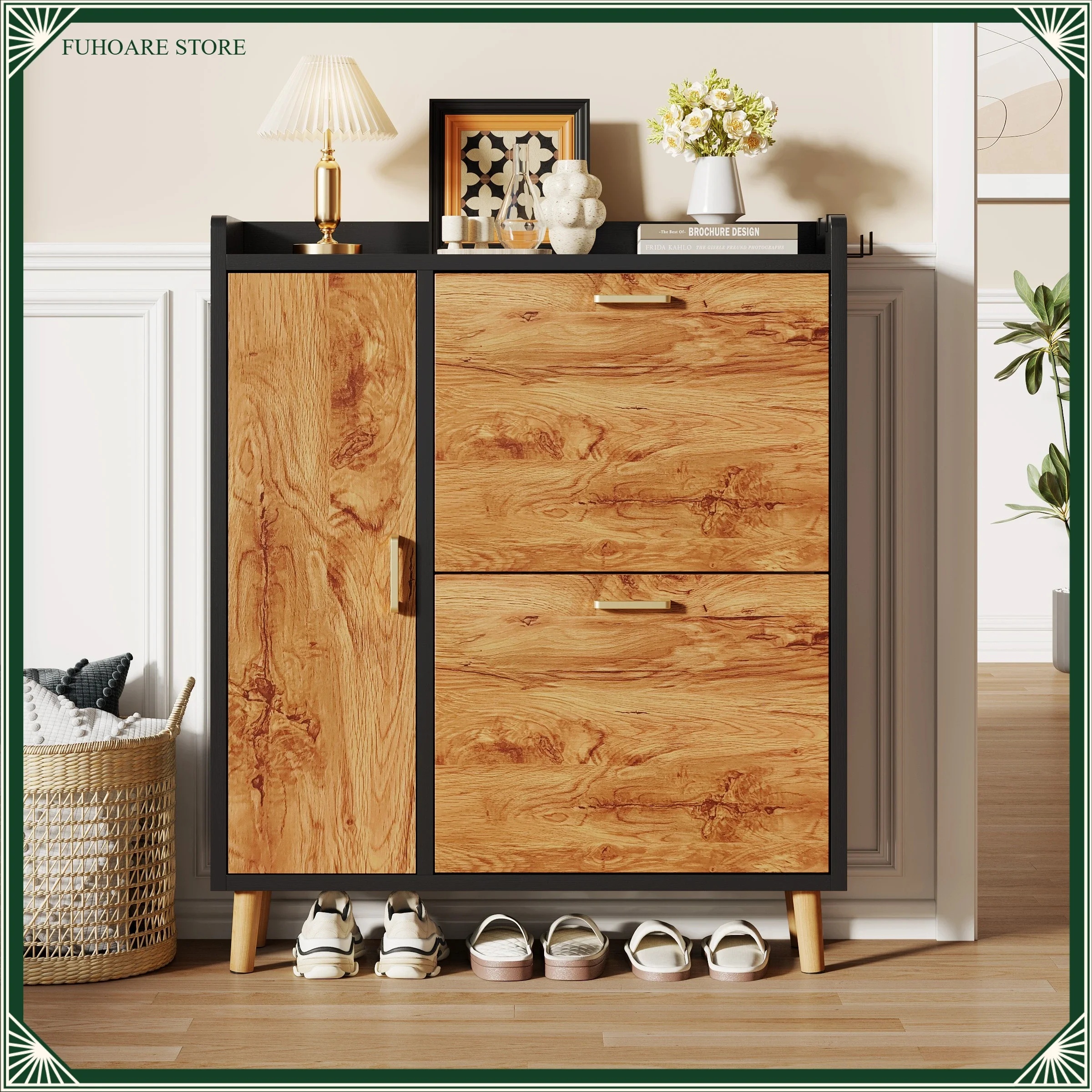 Kippbarer Schuhschrank 2-fach Klappbarer Schuhregal Schmaler Schuhaufbewahrungsschrank mit Griffen Holz Kippbarer Schuhschrank Platzsparend