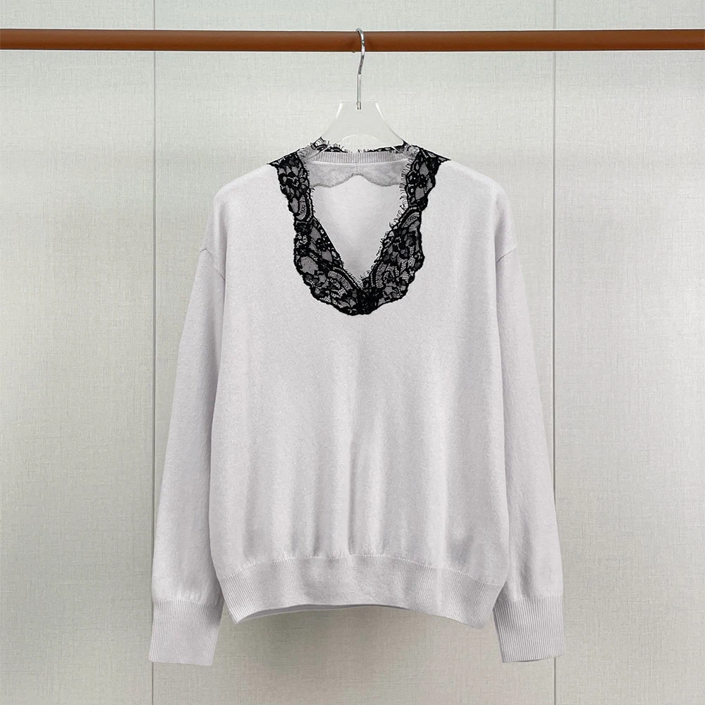 Women 100% Cashmere Long Sleeve T-shirt Top Black Lace V Neck Knit Sweater Soft Lightweight Loose Elegant Casual Pullover Blouse
