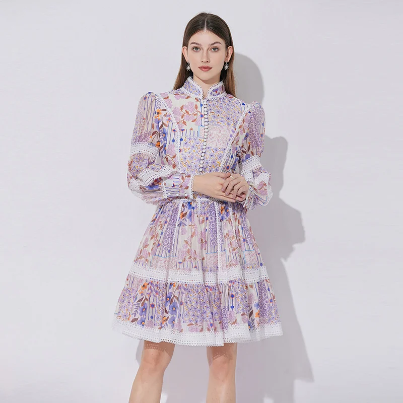 Robe française élégante en dentelle pour femmes, en mousseline de soie, épissure imprimée, taille lanternes, manches lanternes, Style dame, col haut, 2025