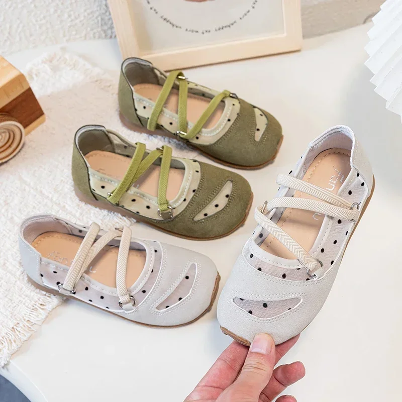 Toddler Girl Mary Jane Flats Hollow Polka Dot Mesh Cross Elastic Straps Breathable Rubber Summer Casual Dress Shoes Kids Walking