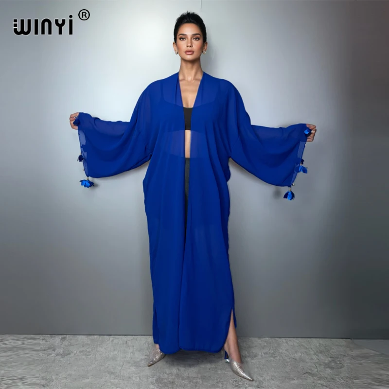 WINYI Sexy Embroidered Cardigan Kimonos Abaya Muslim Women Beach Kaftan Evening Dress Retro Coat Fashion Perspective