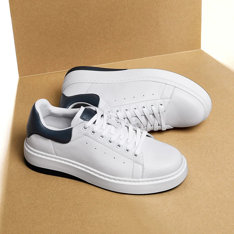 DESAI Thick soled height increasing casual board shoes for men made of genuine leather, lightweight and breathable white shoes