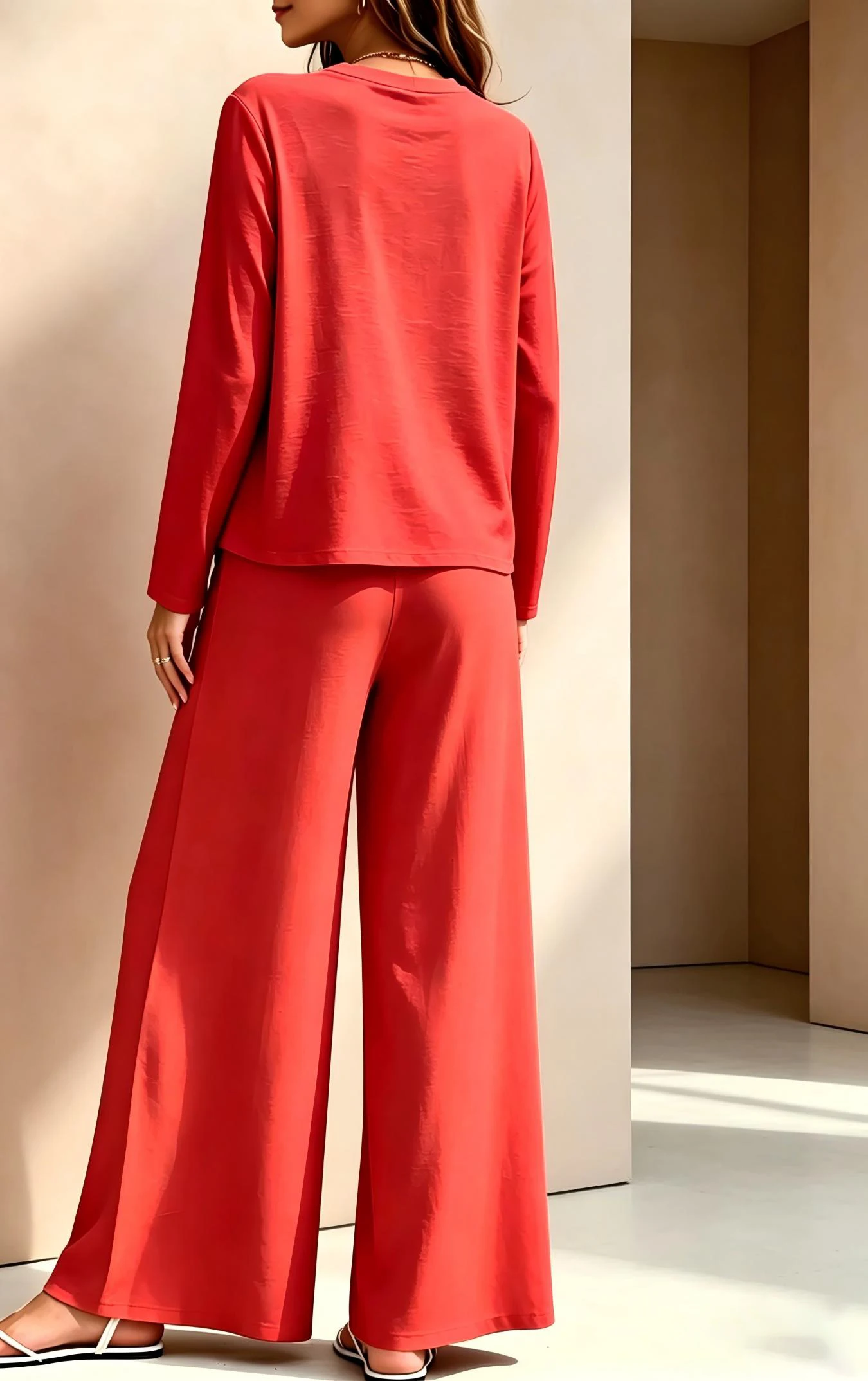 2026 Spring/Summer New Women's Round Neck Long Sleeve High Waist Wide Leg Pants Versatile Solid Color Fashion Casual Set