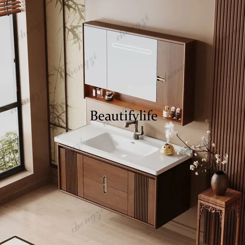 New Chinese oak ebony solid wood bathroom cabinet washbasin combination integrated ceramic washstand  a17