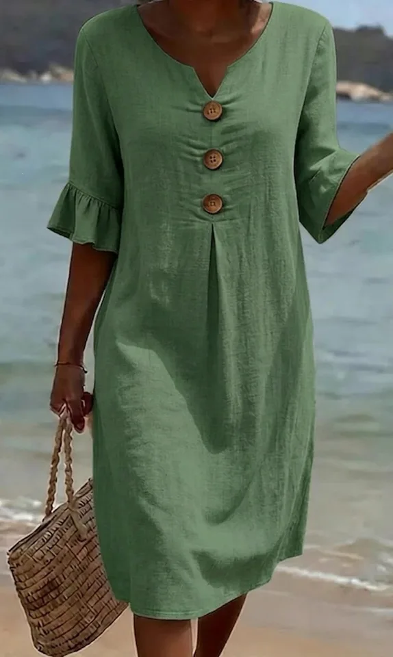 Vestido de lino y algodón para primavera y verano 2026, escote en V con botones grandes y volantes, estilo europeo y americano para venta transfronteriza 3